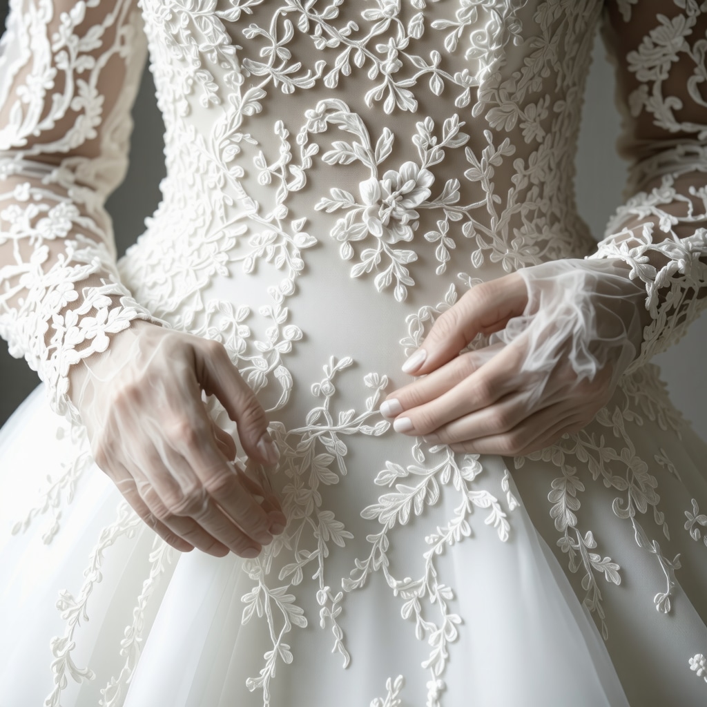 Close-up of nano-coating process on silk lace wedding dress