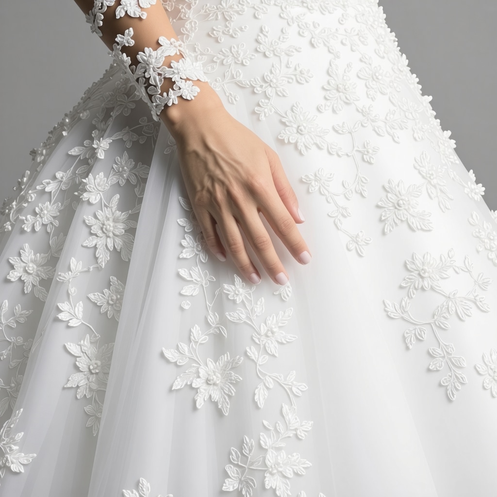 Close-up of nanotechnology cleaning process on wedding gown fabric