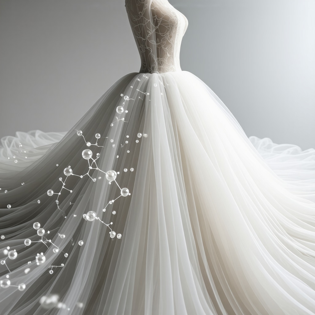 Close-up of nanocoating applied to silk wedding gown fabric, showing molecular bonds and protective layer.