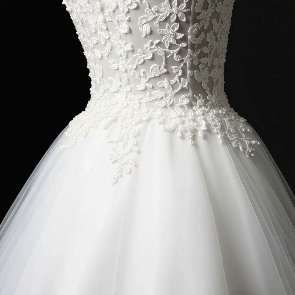 Advanced nanotechnology treatment being applied to delicate wedding dress fabrics in a bridal cleaning laboratory