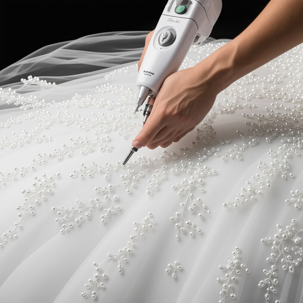 Professional applying nanotechnology cleaning techniques on delicate bridal gown with beadwork and lace