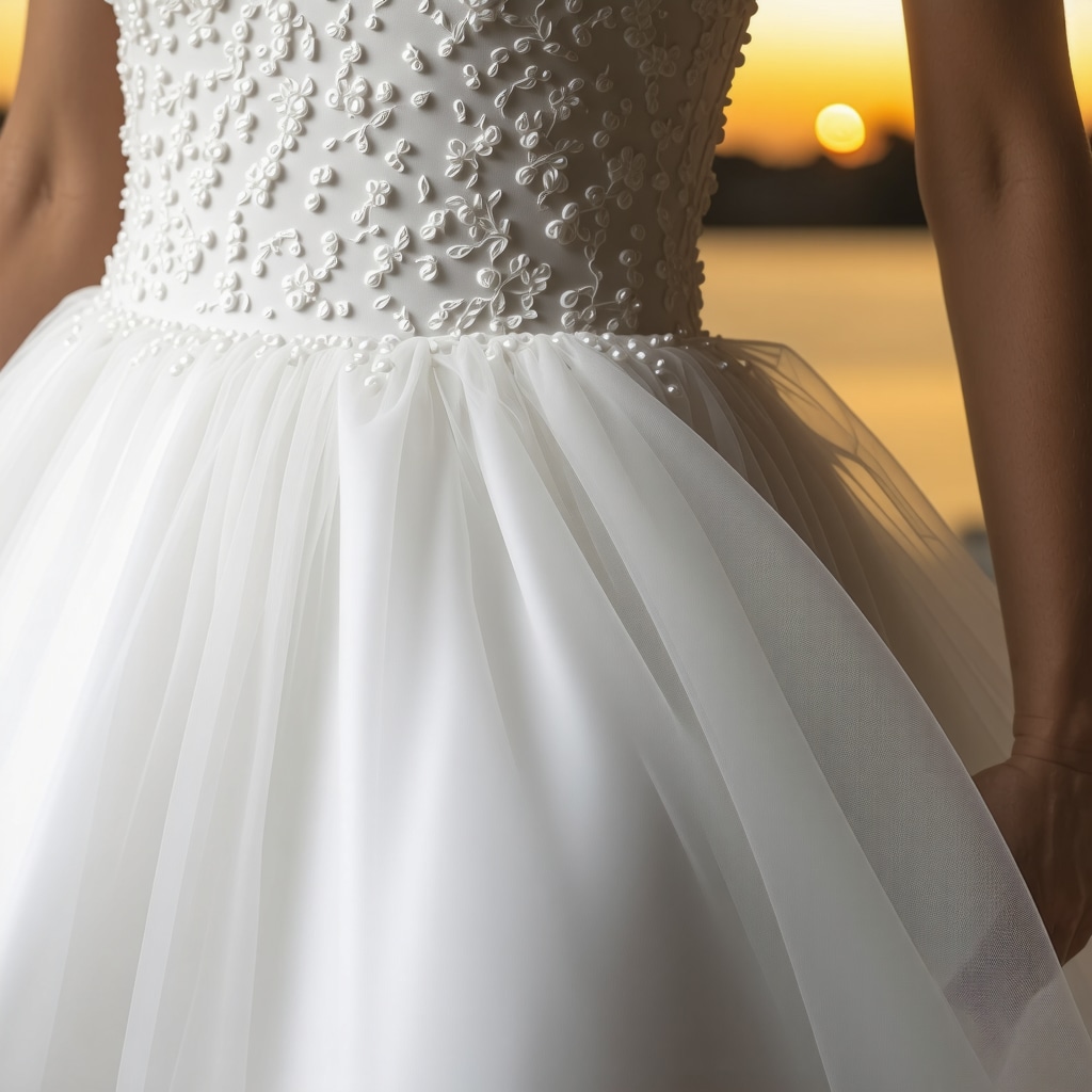 Microscopic view of nanocoated tulle and satin fibers on a wedding dress with Tampa Bay sunset