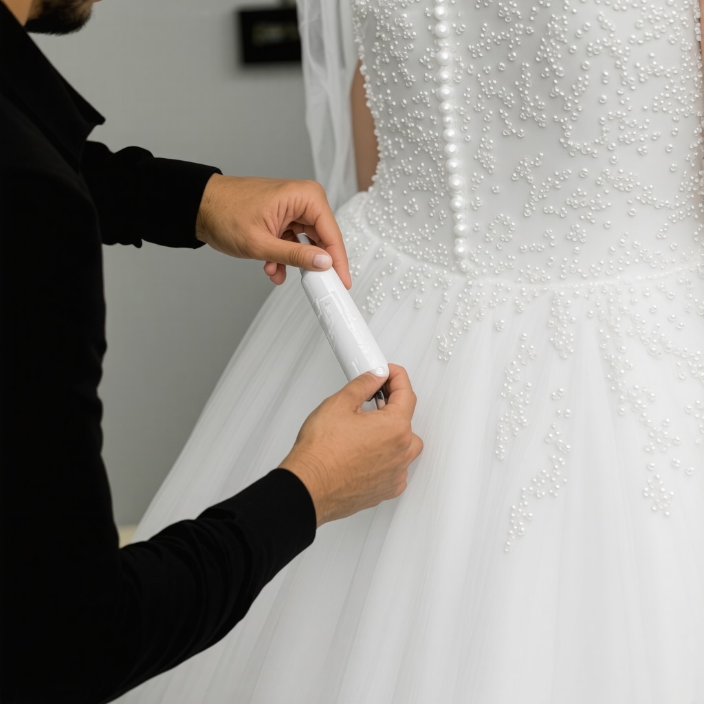 Professional applying invisible nanotech protective coating to white wedding dress fabric in Westchase
