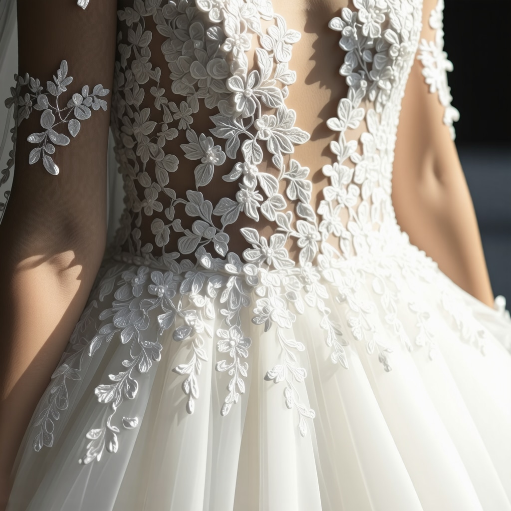 Close-up of lace wedding gown with nanotechnology protective coating under soft sunlight