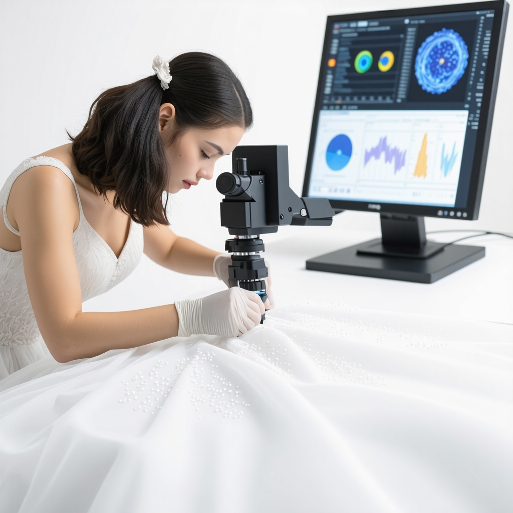 Technician applying nanocoatings on bridal gown fabric with AI diagnostics screens