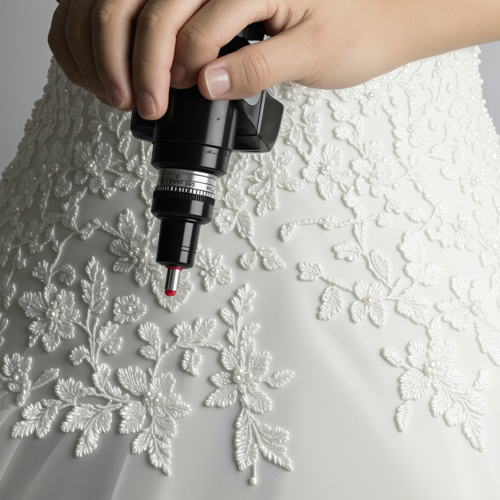 Close-up of wedding gown fabric with lace and beadwork under microscope showing nanotechnology coating in Tampa lab