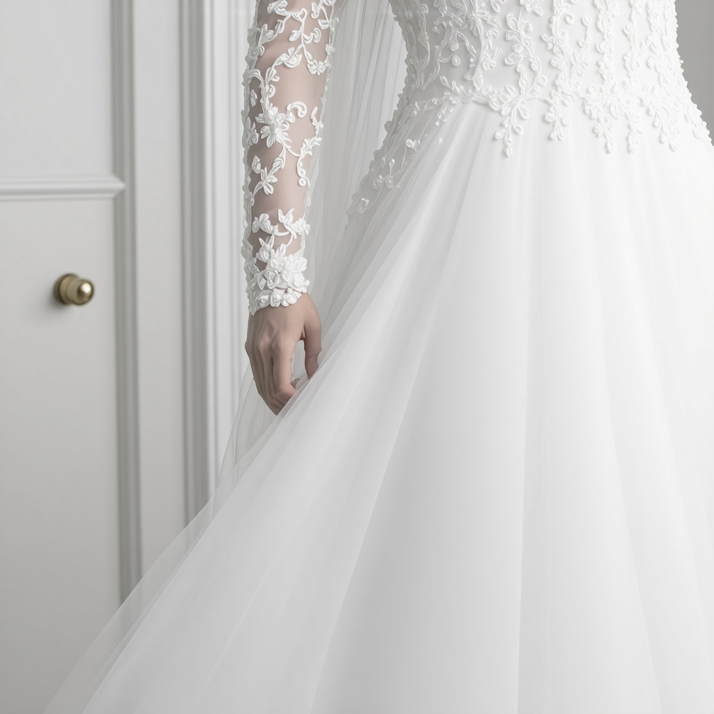 Microscopic view of wedding dress fabric with nanocoating and smart sensors in climate-controlled storage