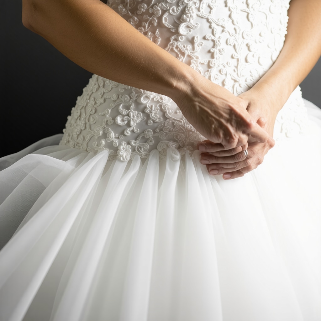 Applying natural preservation oils to a vintage wedding gown for eco-friendly care.