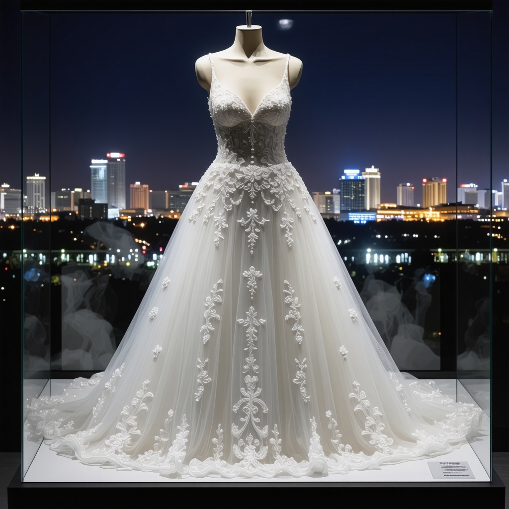 Wedding gown stored in a museum-quality preservation box, showcasing intricate details