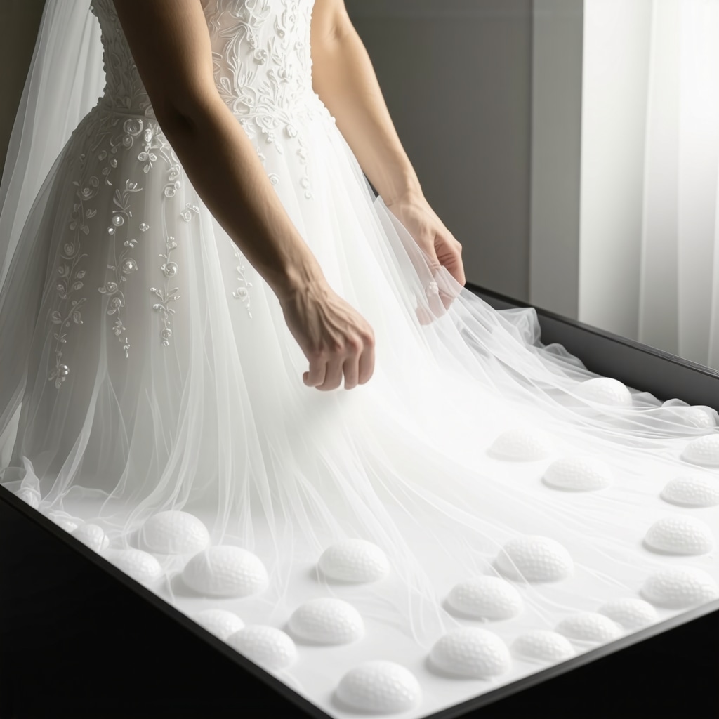 Wedding dress fabric inside a humidity-controlled archival box with moisture absorbers
