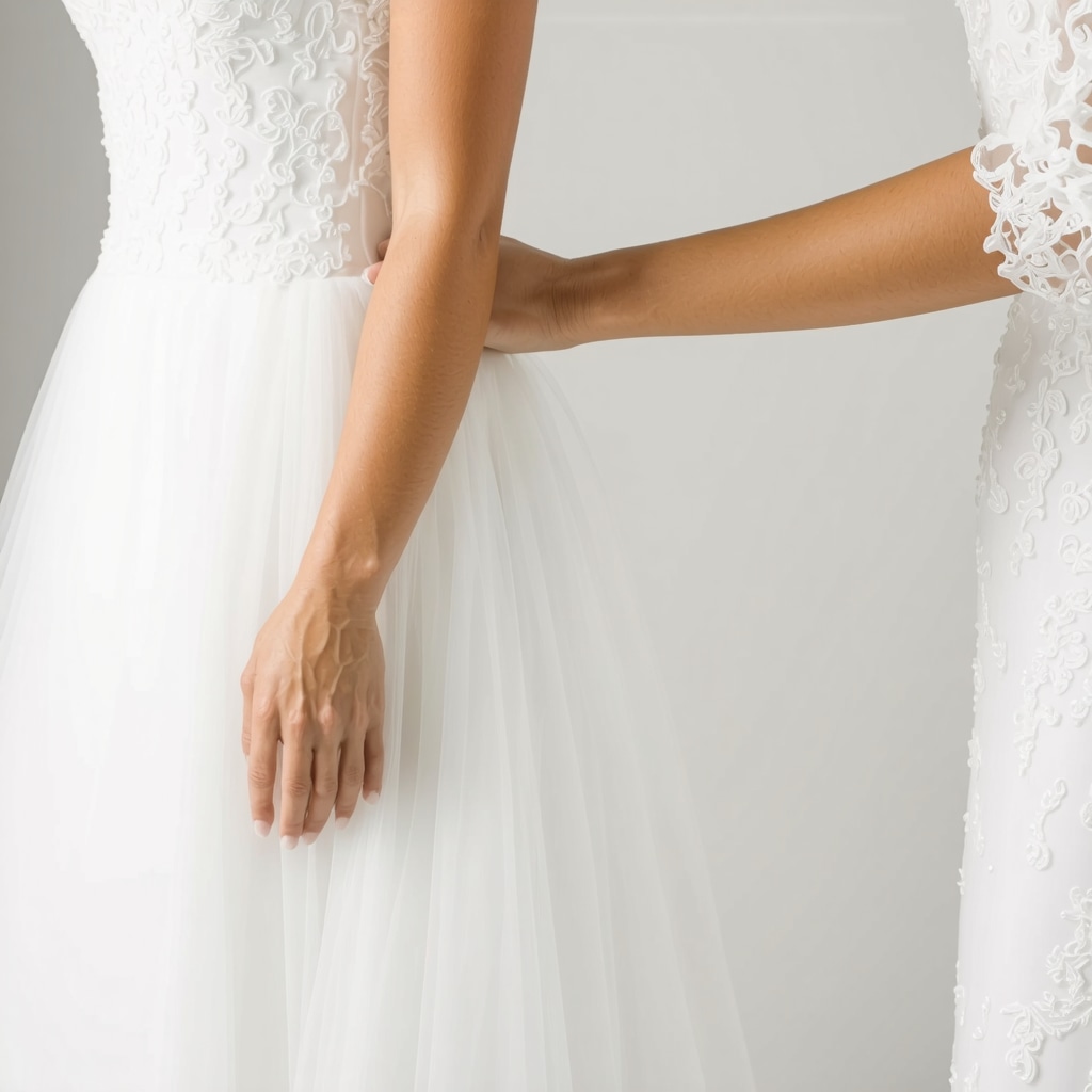 A wedding dress on a cleaning table with expert handling, highlighting eco-friendly cleaning methods.
