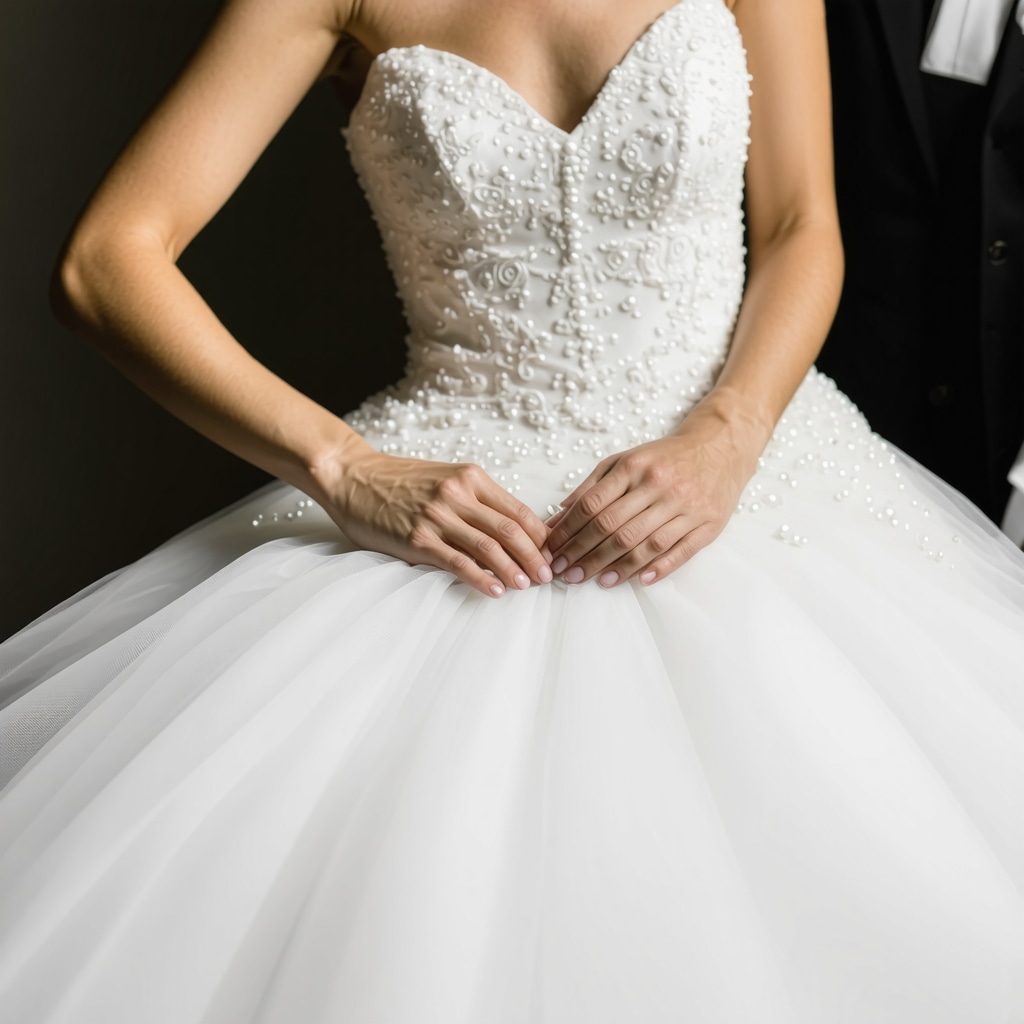 Technician carefully cleaning wedding gown with ultrasonic cleaning equipment in Tampa studio.