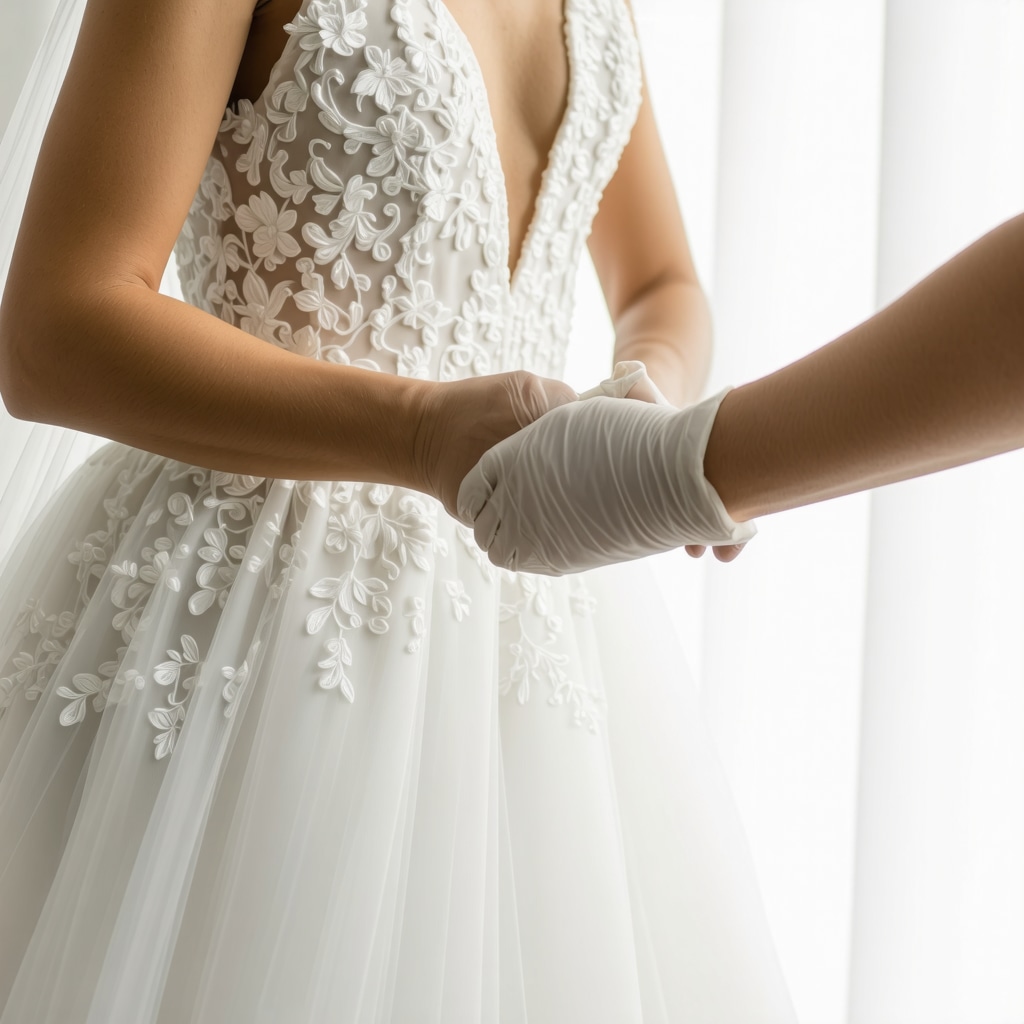 Expert conservator meticulously cleaning a high-end wedding dress with delicate beadwork in Tampa