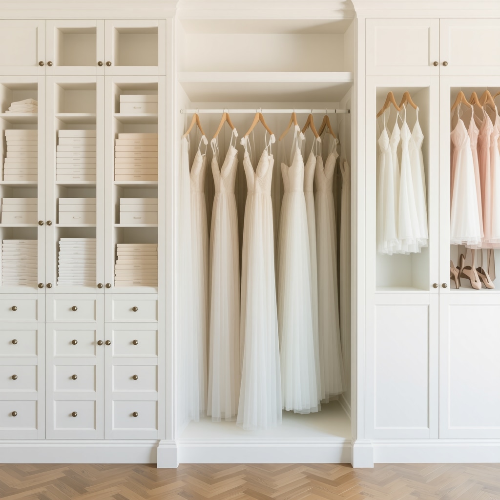A well-organized climate-controlled storage room with archival boxes and delicate fabrics preserved for long-term care