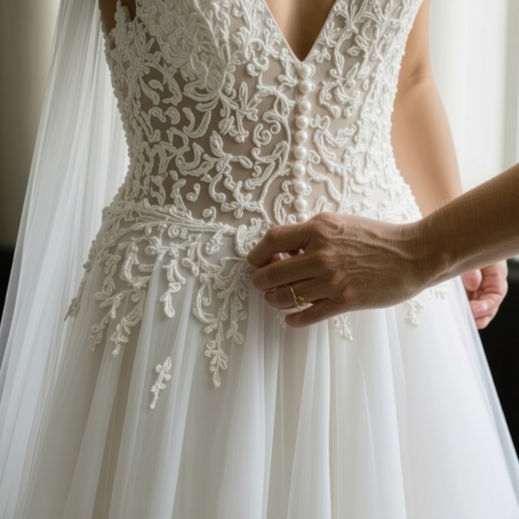 Vintage wedding dress being carefully restored by a conservator in Tampa