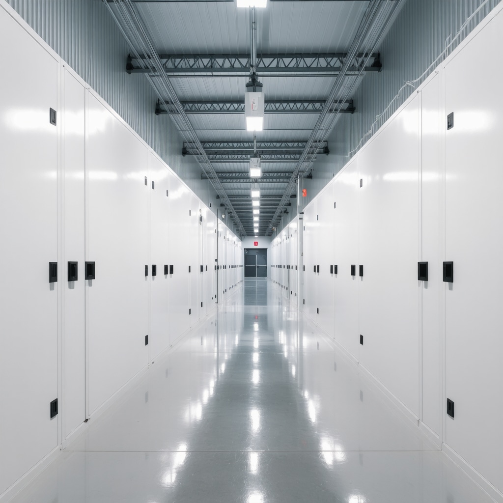 Modern climate-controlled storage facility with sensors and digital displays for wedding dress preservation