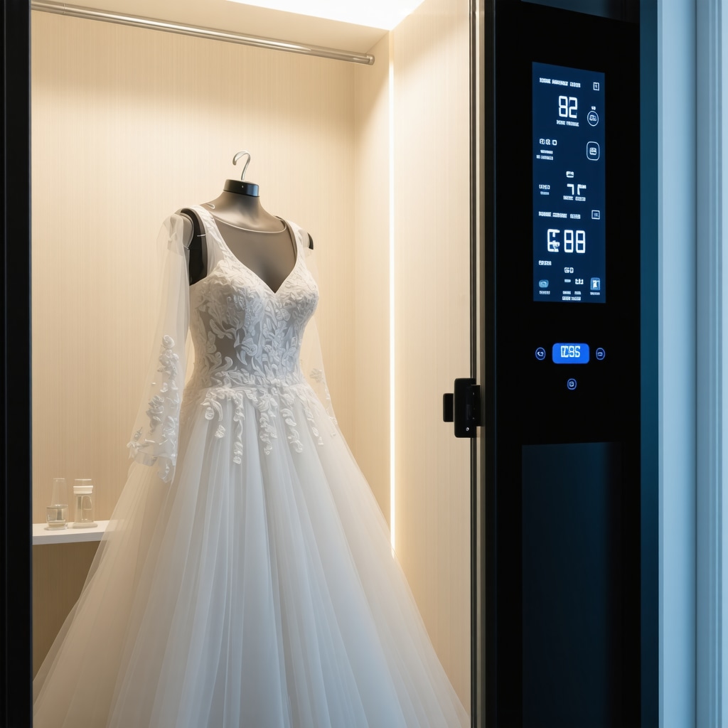 Wedding dress inside a smart textile enclosure with digital climate control displays