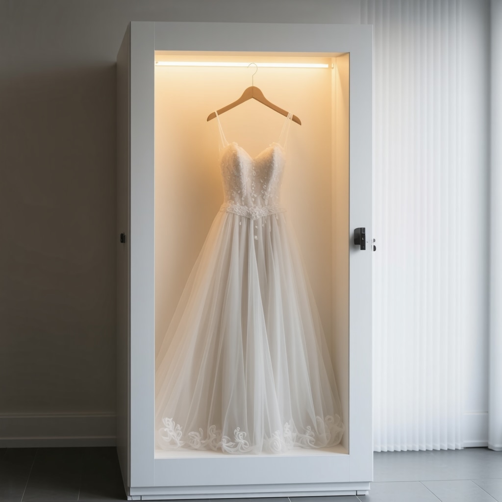 A wedding dress preservation box featuring smart sensors connected to a smartphone app, with eco-friendly materials nearby in a controlled environment