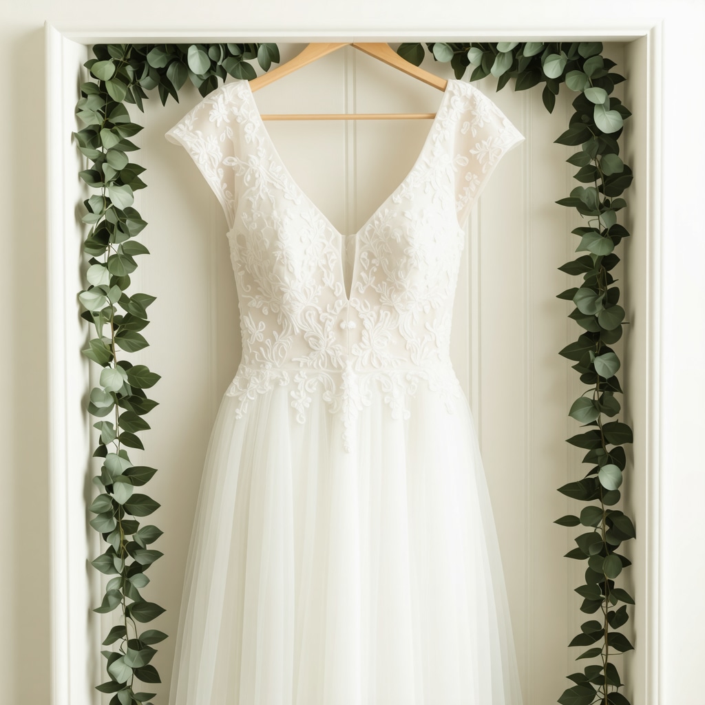 Vintage wedding dress stored in biodegradable packaging with greenery