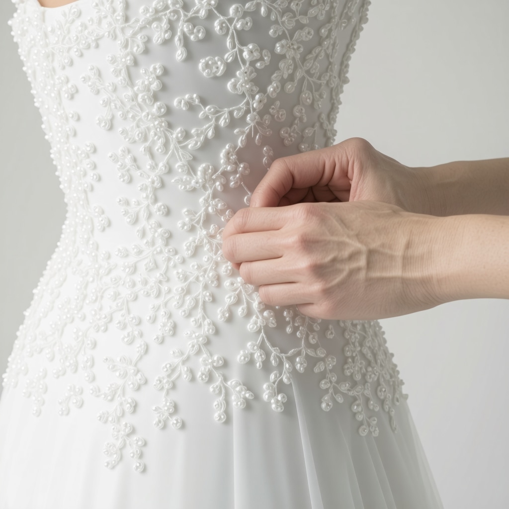 Tampa wedding gown tailor carefully adjusting intricate beadwork on a bridal dress