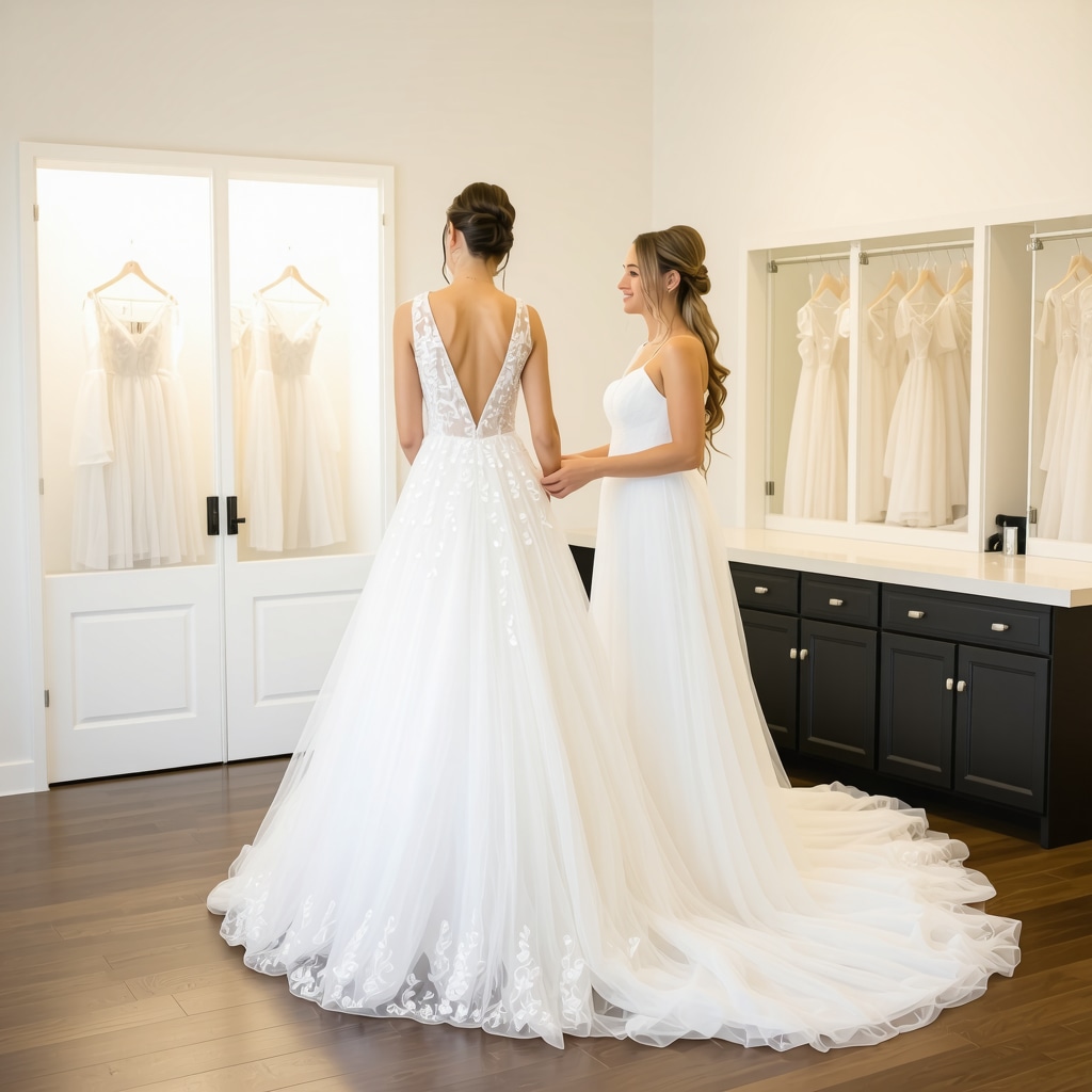 Bride consulting with wedding dress cleaning expert in Tampa studio for gown preservation