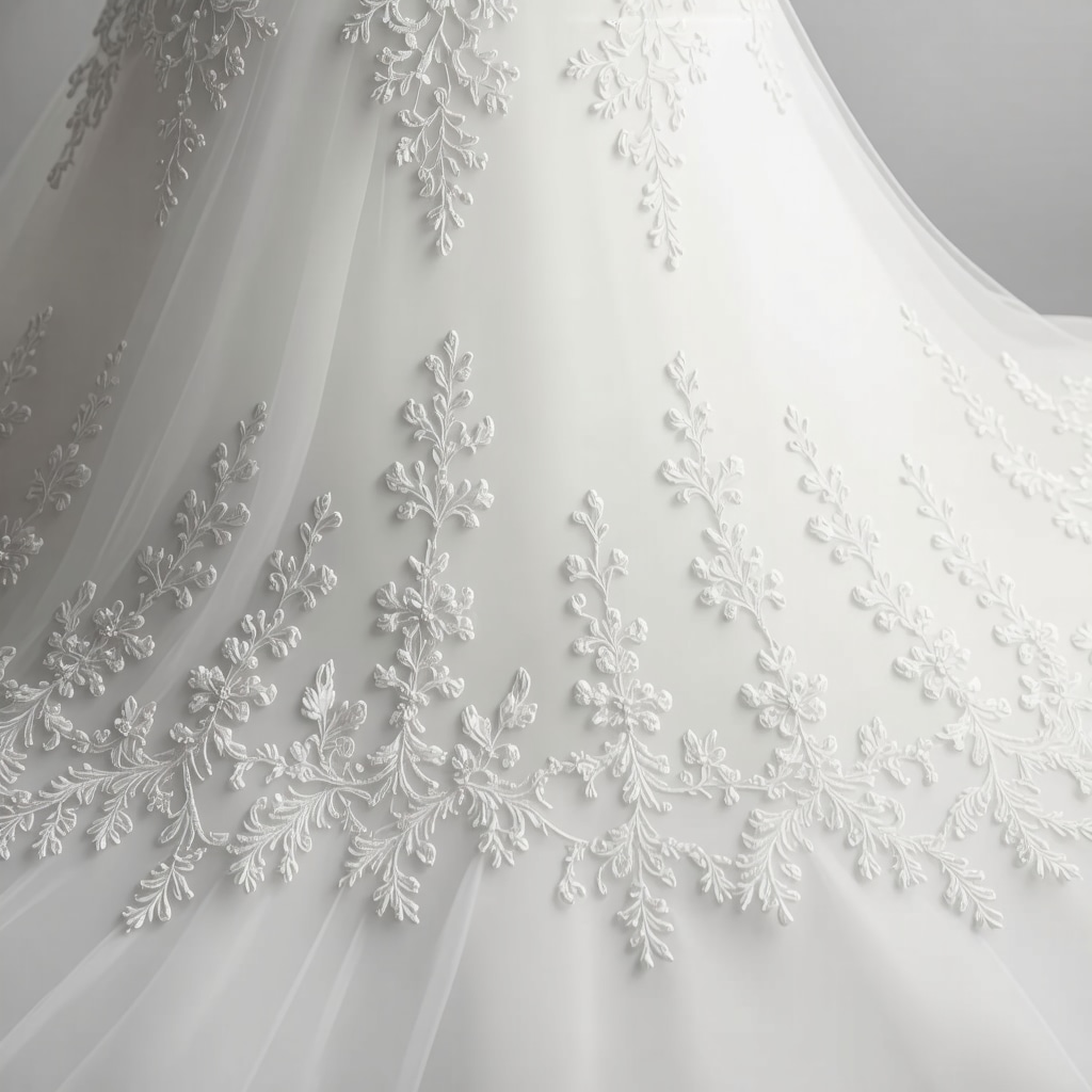 Ultrasonic cleaning device removing stains from delicate wedding gown fabric, highlighting eco-friendly process