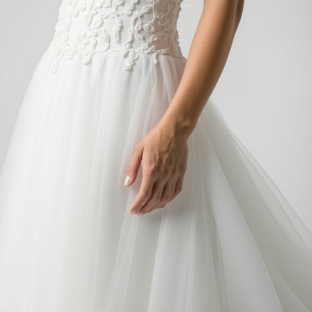 Close-up of ultrasonic cleaning device on bridal gown with detailed fabric view