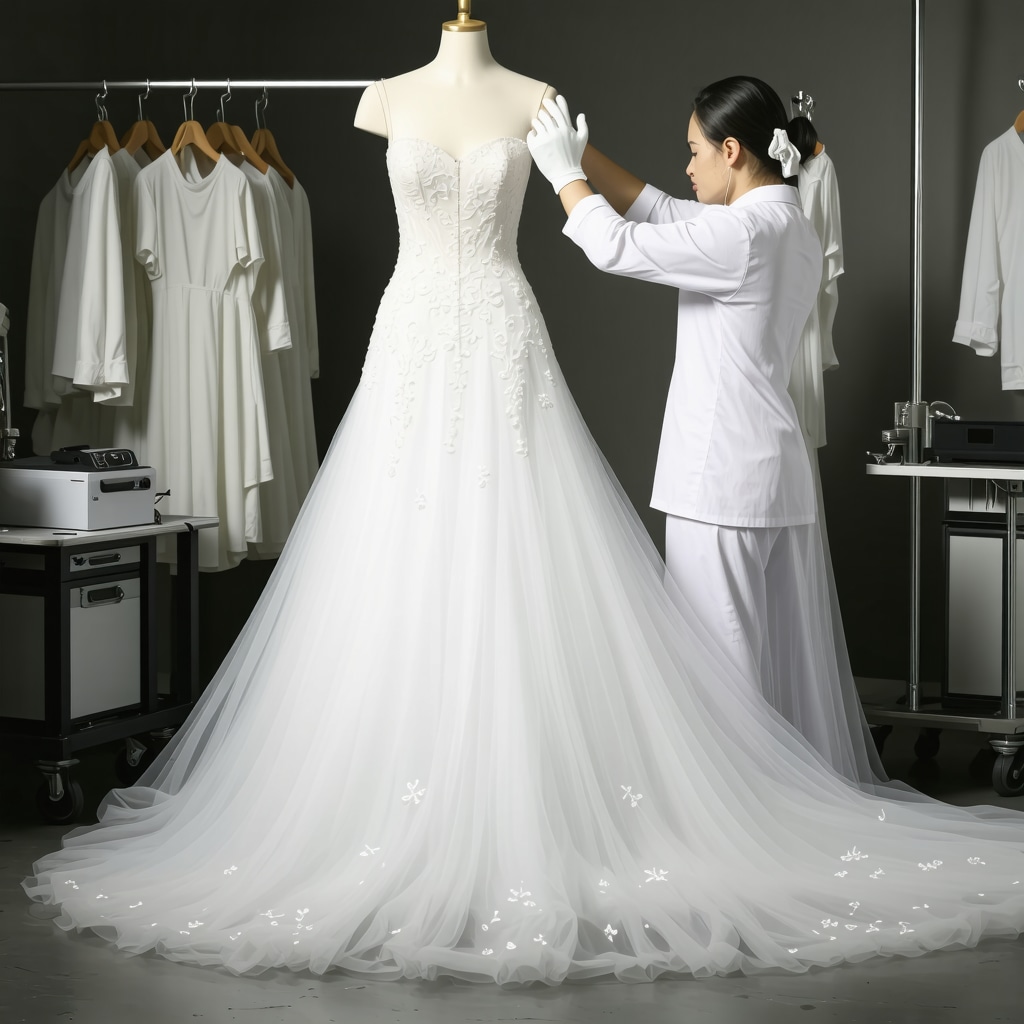 Professional cleaning technician using ultrasonic device on a wedding gown in a conservation laboratory.