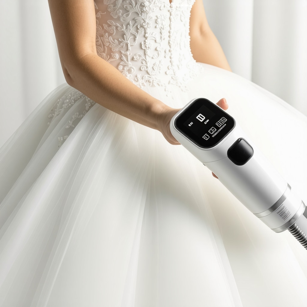 Ultrasonic cleaning process on wedding dress fabric, high-tech equipment, professional cleaning, detailed close-up, realistic.