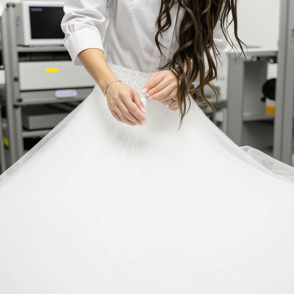 Technician operating ultrasonic cleaner on wedding dress in eco-conscious facility