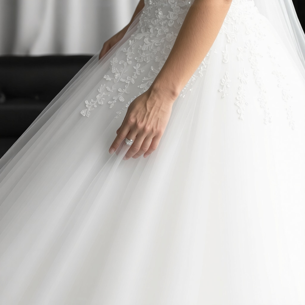 A professional using ultrasonic cleaning equipment on a wedding gown in Tampa