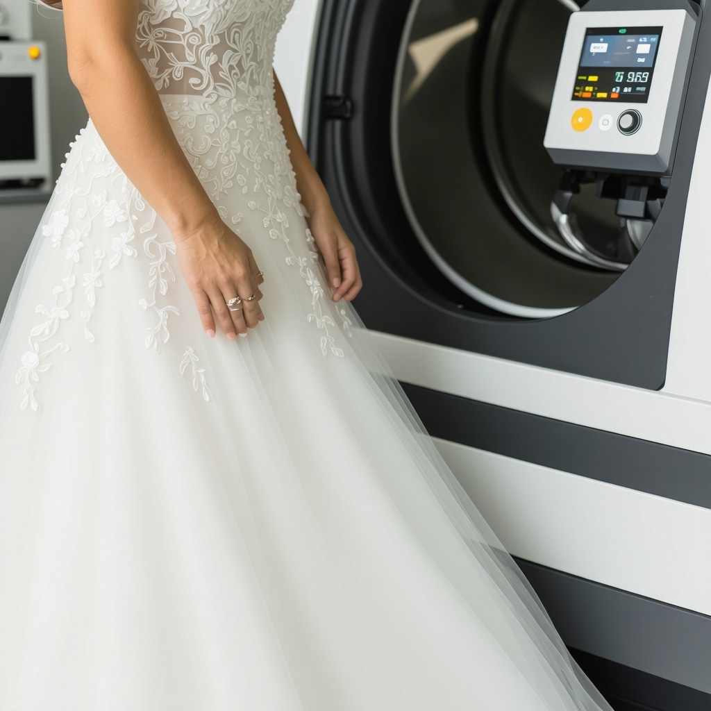 Professional ultrasonic cleaning machine gently cleaning a wedding gown in Tampa's eco-friendly bridal studio