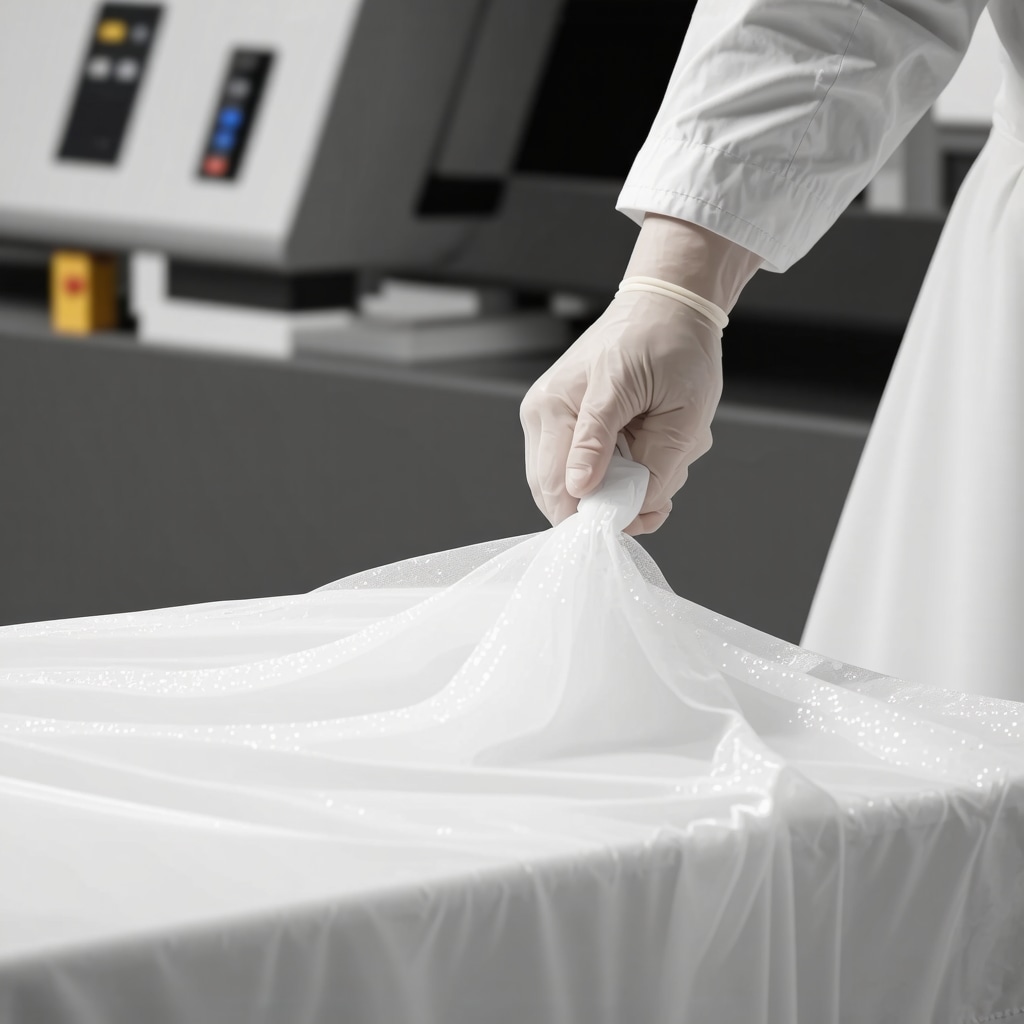Technician using ultrasonic device to clean a wedding gown with eco-friendly methods.