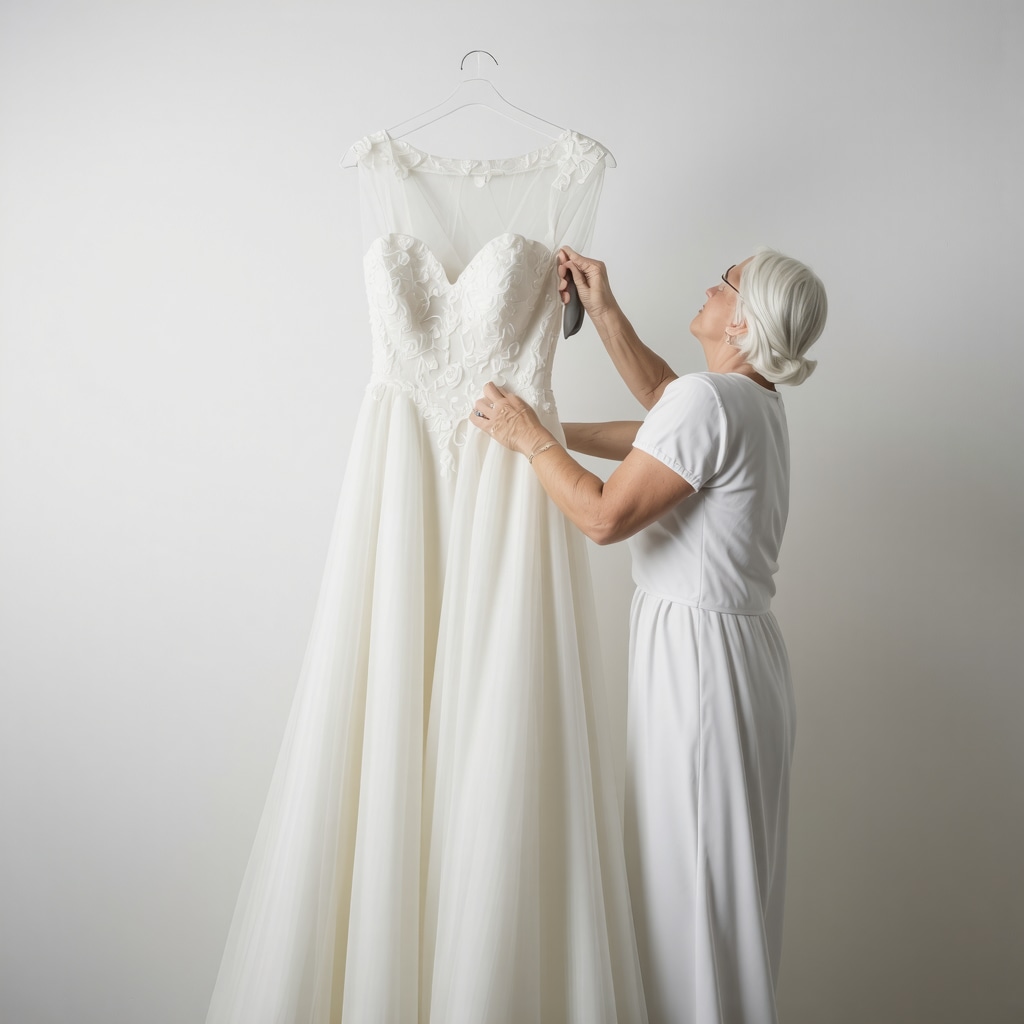 Specialist carefully preserving vintage wedding dress with expert tools in Tampa
