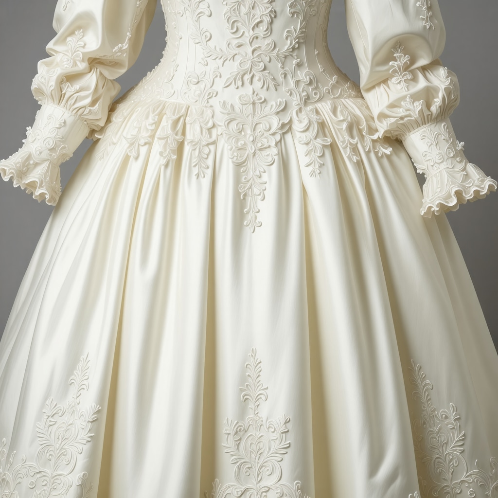 Close-up of vintage silk wedding gown with embroidery stored in climate-controlled environment