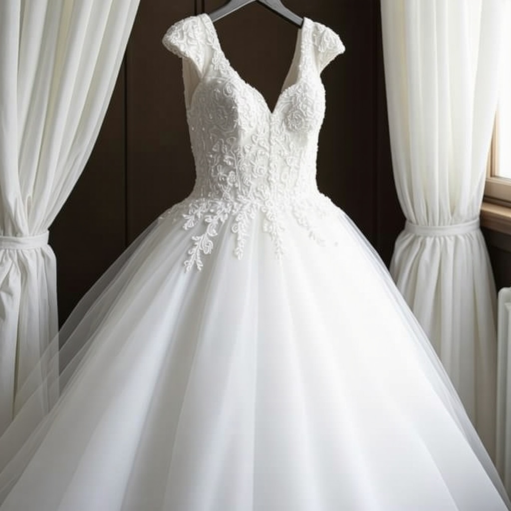 Vintage wedding gown stored in preservation box with expert care.