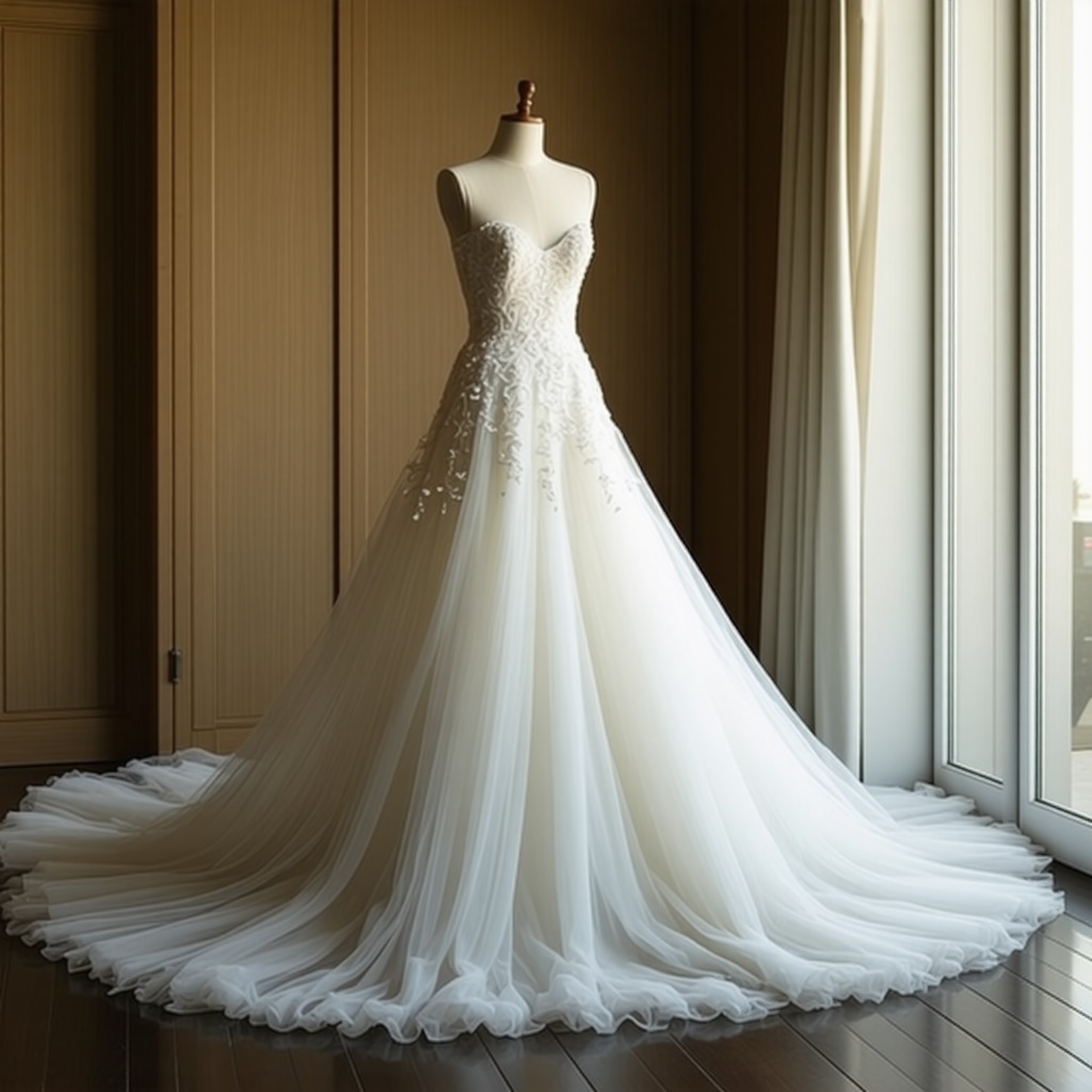 Vintage wedding gown stored in climate-controlled environment for preservation