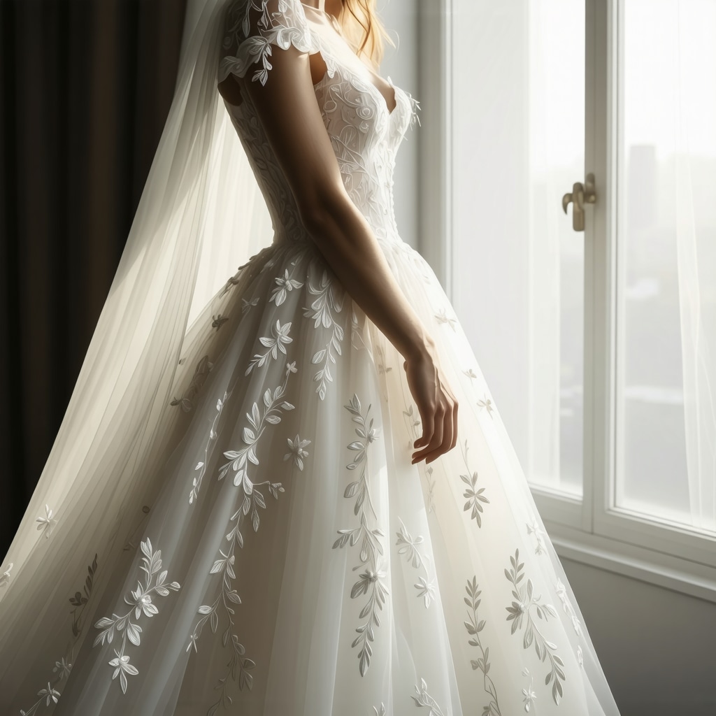 Close-up of a vintage wedding gown being carefully preserved with eco-friendly techniques in a Tampa boutique.