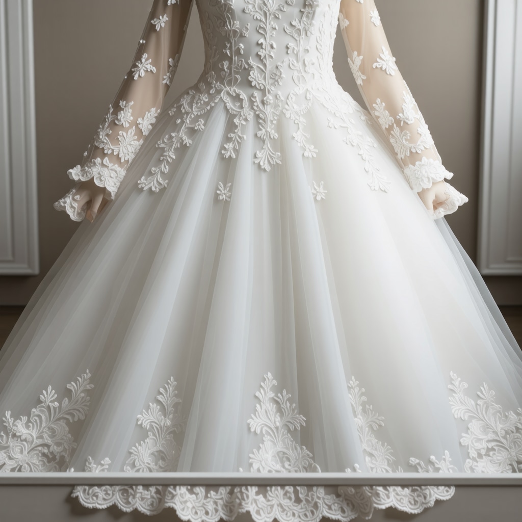 Vintage wedding dress delicately preserved inside a humidity-regulated archival box with detailed embroidery