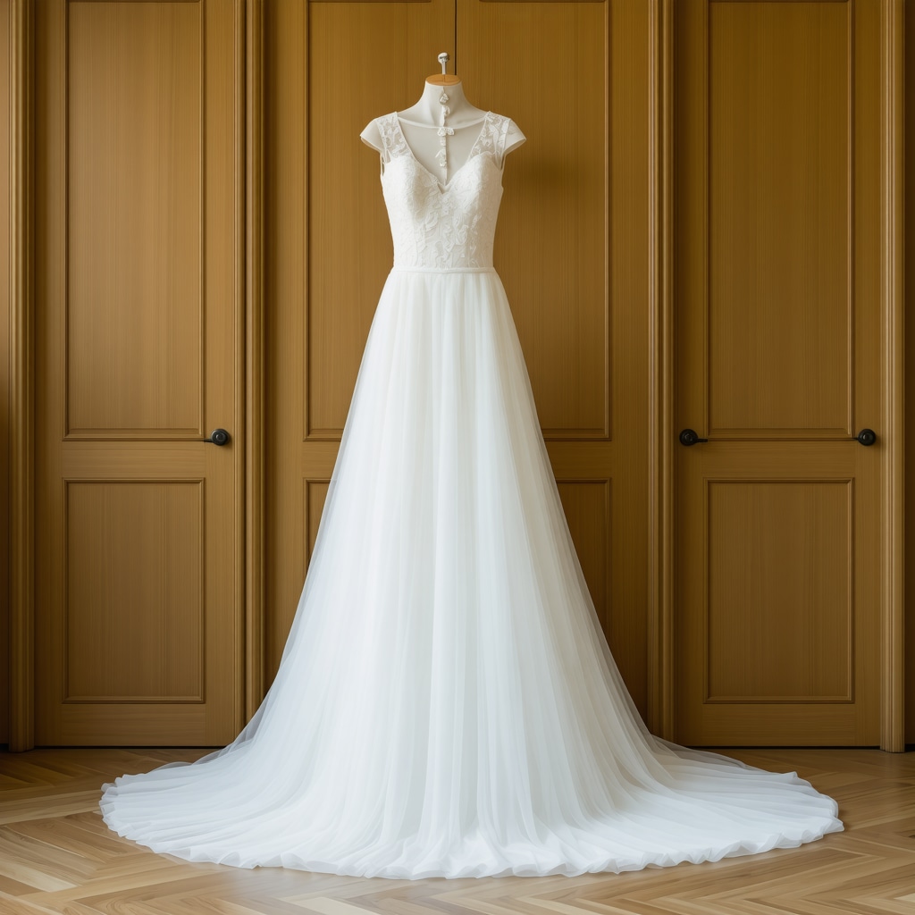 Vintage wedding gown stored in climate-controlled environment with archival storage materials