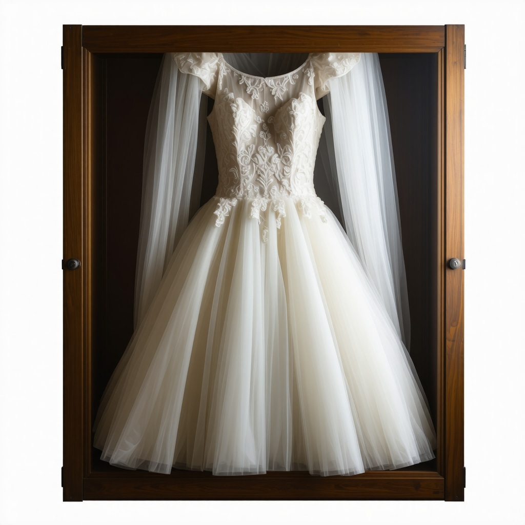 A beautifully preserved vintage wedding gown in a climate-controlled storage box.