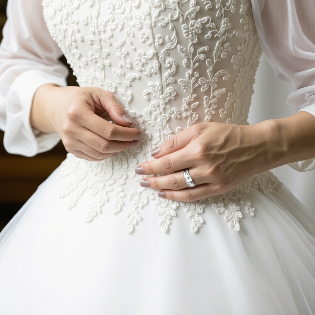Conservator carefully repairing a vintage wedding dress with delicate fabrics