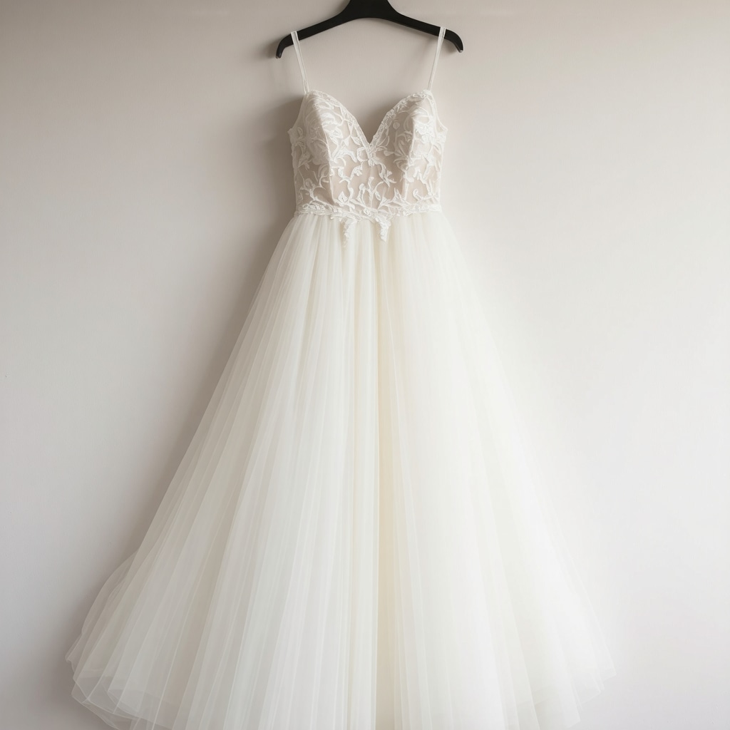 Vintage wedding dress with lace and embroidery, ready for preservation