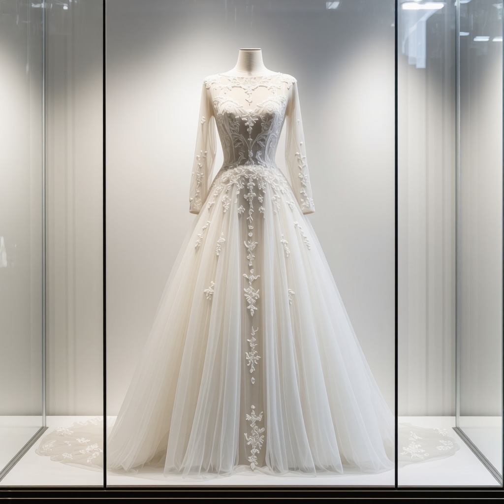Vintage wedding gown with lace and beadwork preserved in museum-quality case