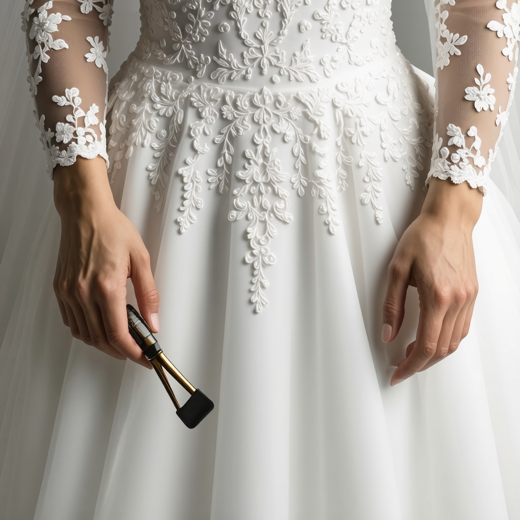 Close-up of delicate vintage wedding gown fabric with preservation tools in a gentle, detailed shot