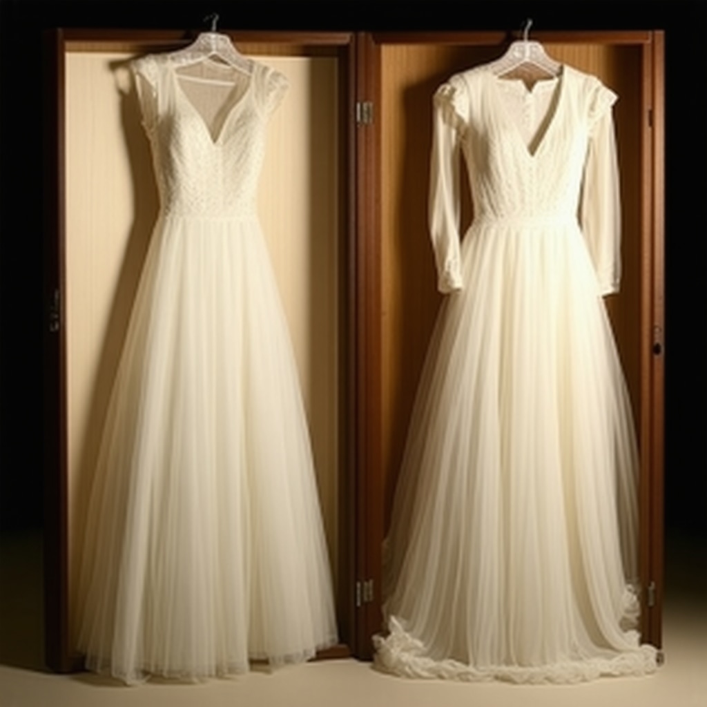 Vintage wedding gown stored carefully in climate-controlled archival box with acid-free tissue for preservation.