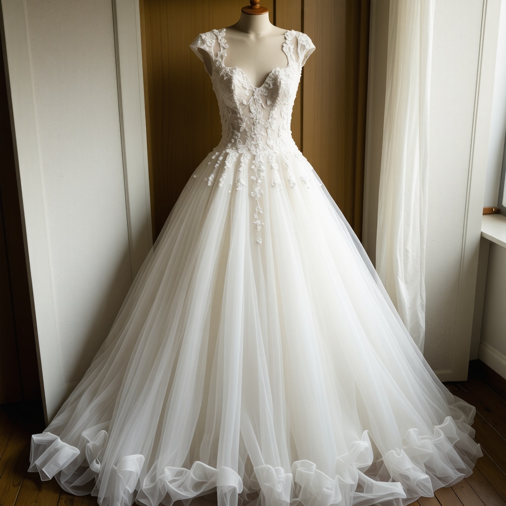 Beautiful vintage wedding gown stored carefully in an archival preservation box in a bright, climate-controlled room.