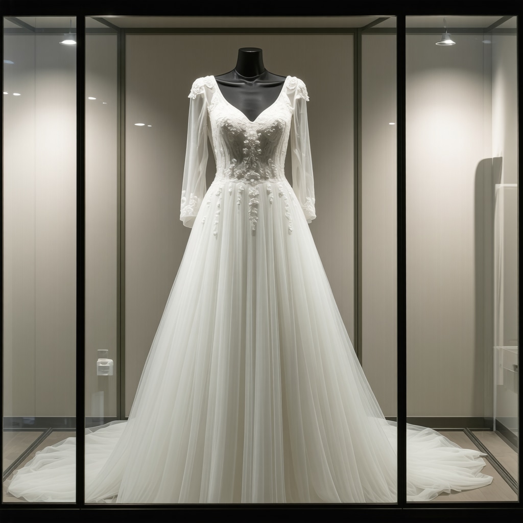 Vintage wedding gown preserved in a climate-controlled display case demonstrating advanced preservation techniques.