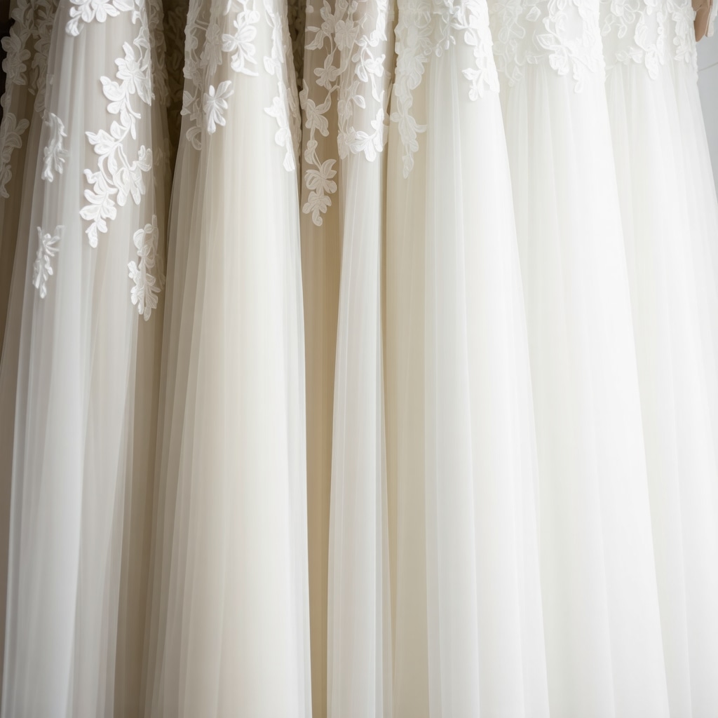 Detailed close-up of lace fabric on a wedding gown stored in a climate-controlled environment
