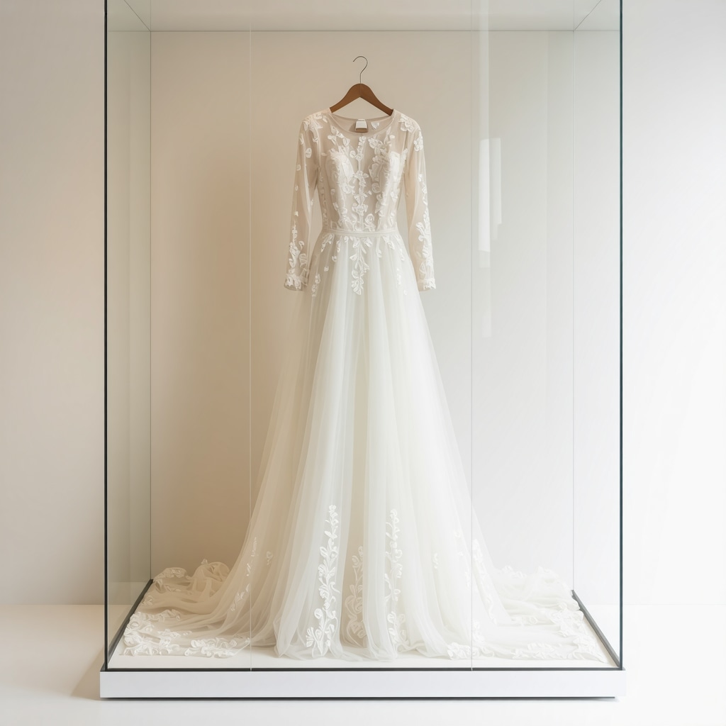 A carefully preserved vintage wedding gown in a controlled display for long-term preservation.